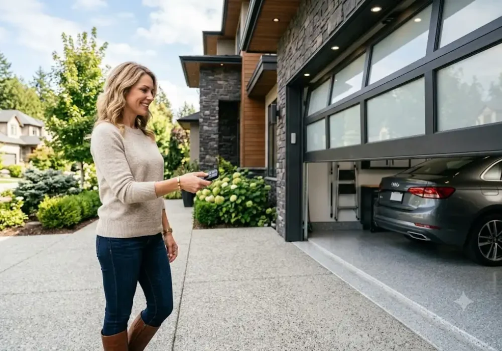 LiftMaster garage door opener remote being used to open a residential garage door