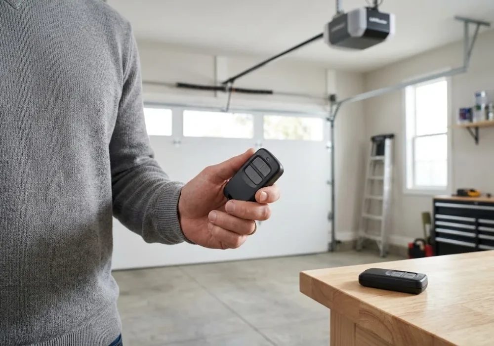LiftMaster remote replacement guide showing a homeowner comparing garage door remote controls.