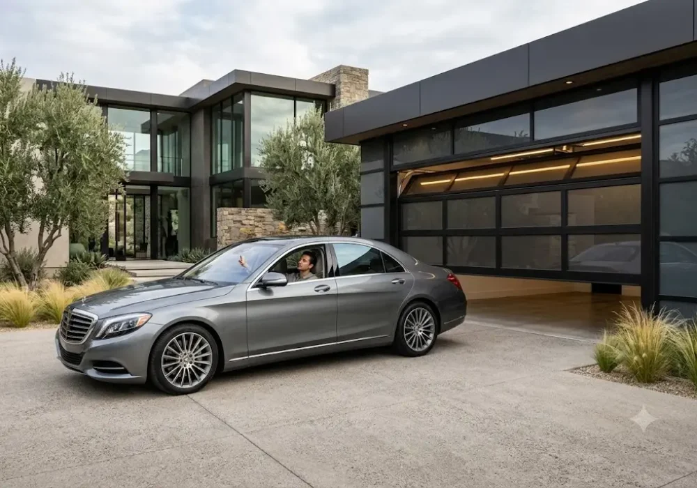 Mercedes vehicle using an integrated garage door opener to access a residential garage