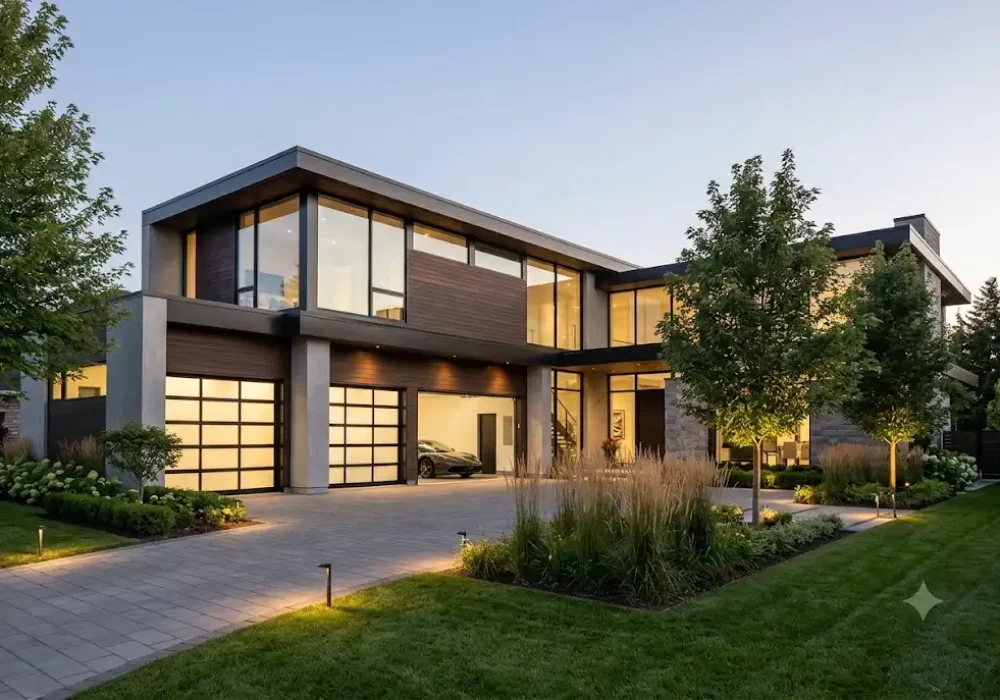 Modern aluminum and glass garage door installed on a luxury contemporary home