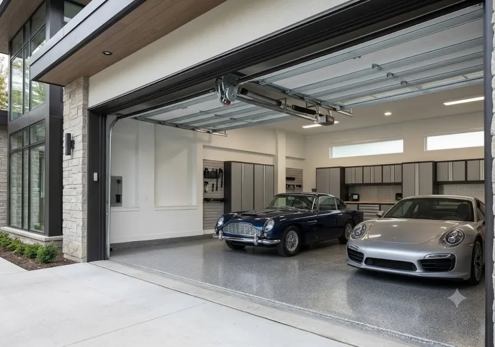 Residential overhead garage door with high lift garage door track configuration