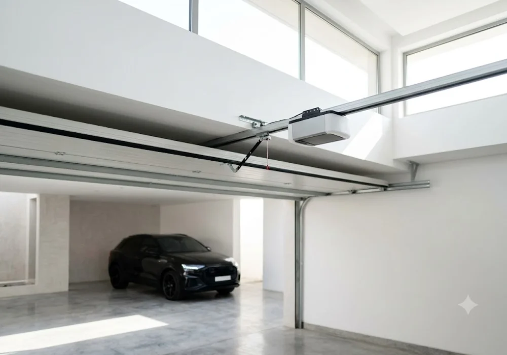 A sleek, modern automatic garage door opener installed on the ceiling of a luxury residential garage in the UAE.