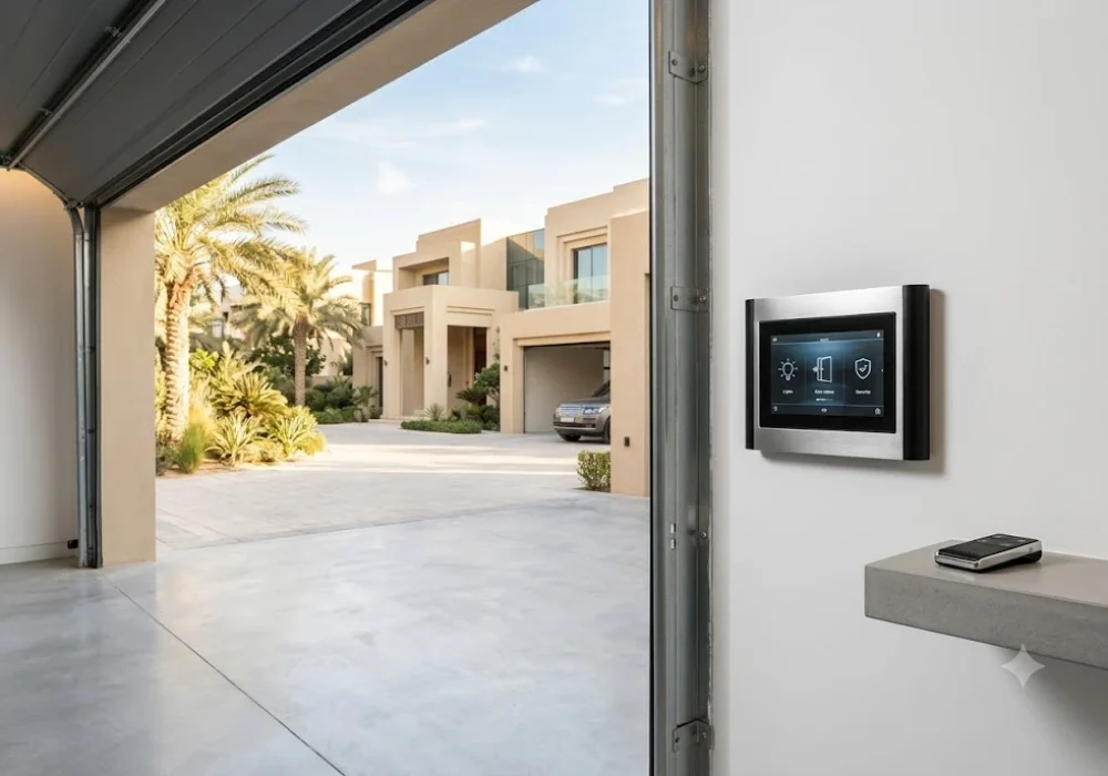A high-end wall-mounted automated control panel and premium remote control for an international garage door opener system inside a modern villa.