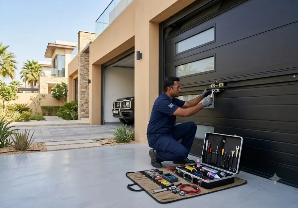 Professional garage door technician performing maintenance and repairs