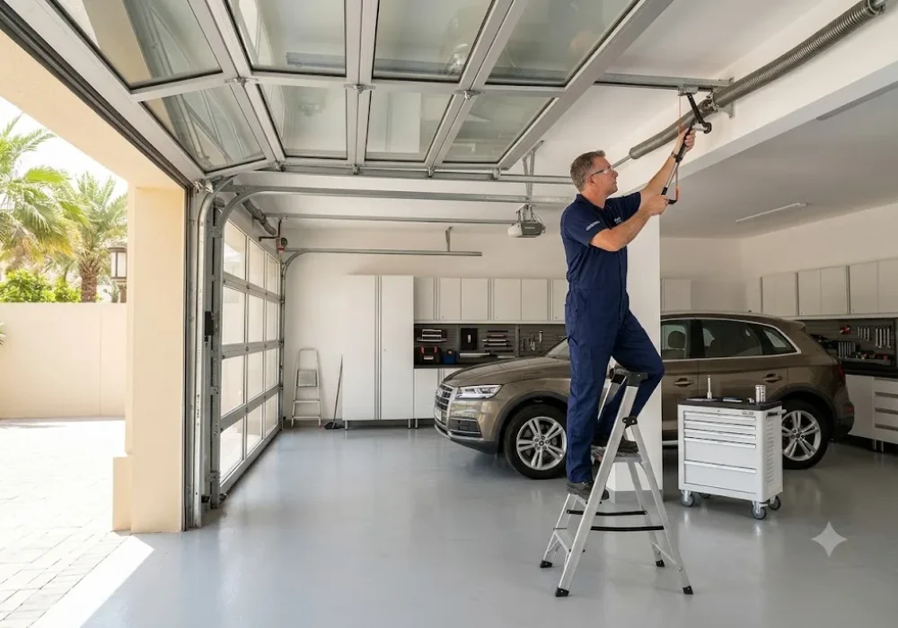 A professional technician inspecting and lubricated the overhead tracks and springs during a routine garage door servicing session.