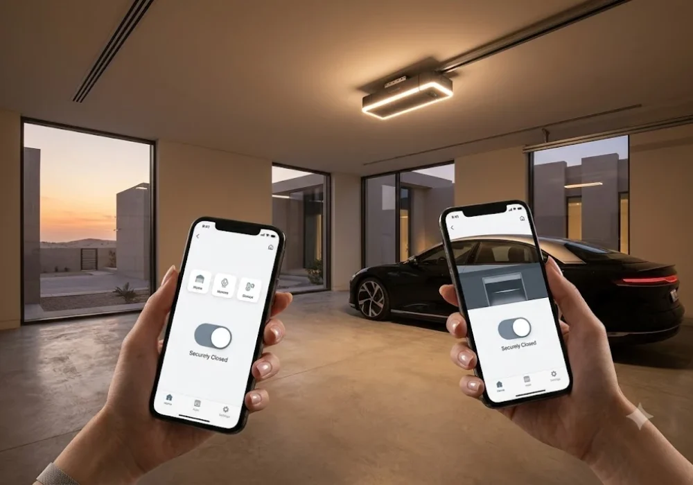 A homeowner using a smartphone application to monitor and control a smart garage door opener inside a modern villa garage.
