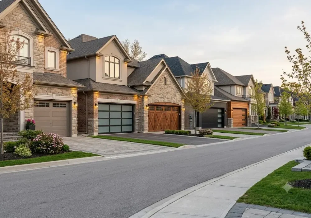 Various types of garage doors including sectional, glass, wood, roller, and modern residential garage doors