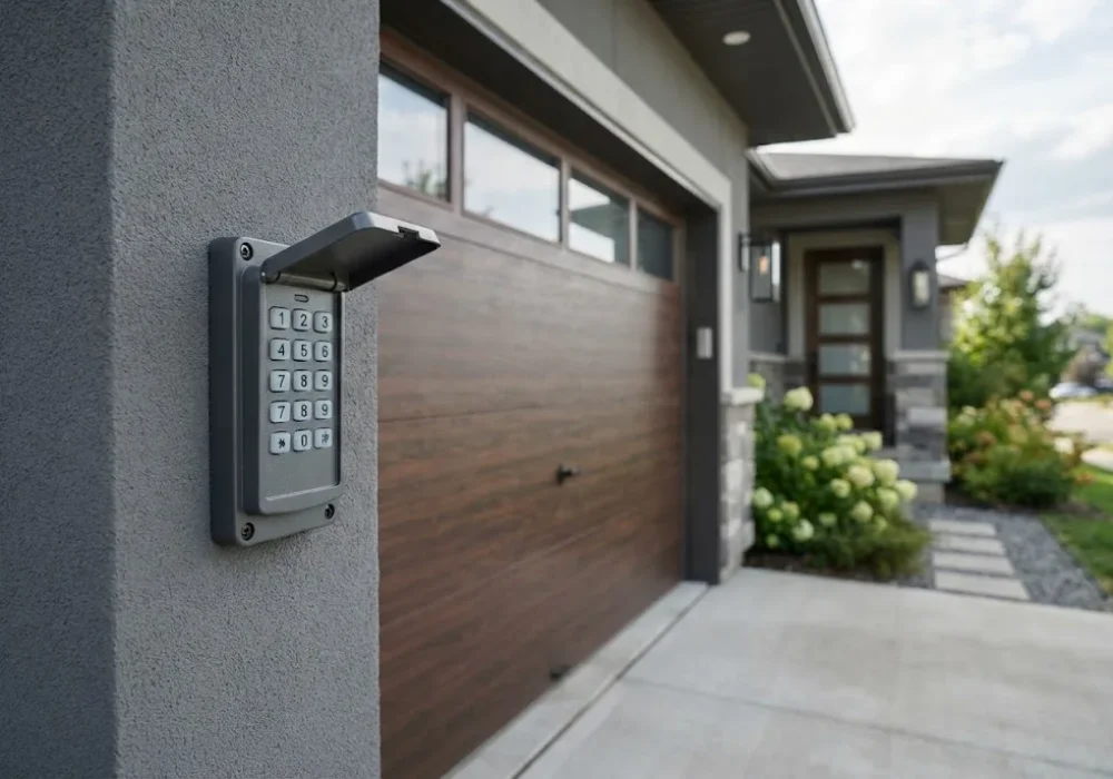 universal garage door keypad mounted beside a residential garage