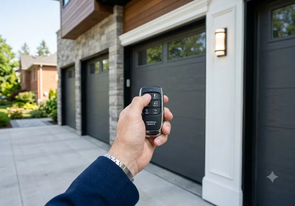 Universal garage door remote being used with a modern automatic garage door opener