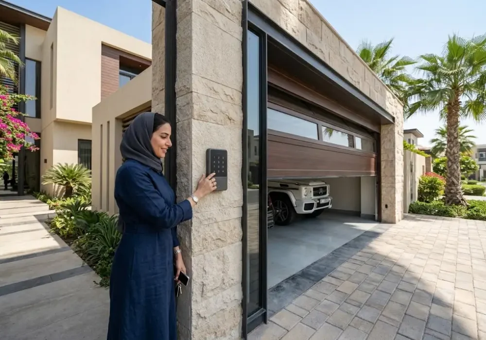 Modern wireless garage door keypad installed outside a residential garage for secure keyless access.