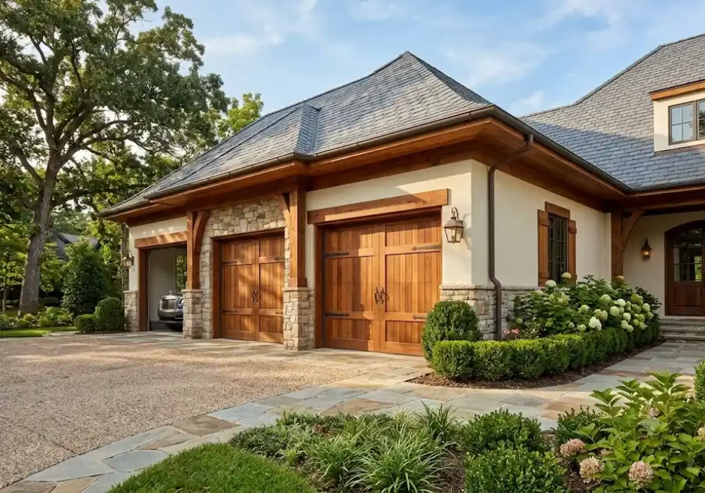 Luxury wood garage door panels featuring natural wood grain and custom craftsmanship
